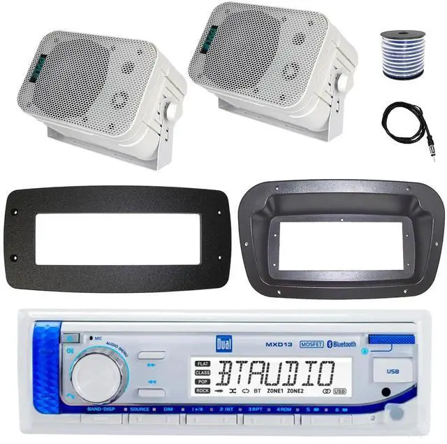 Main image of Dual MXD13 Single DIN Bluetooth Marine MP3 AM/FM Stereo Receiver, Spa bezel, Adapter Plate, Radio Antenna, Wire, 2x 5.25" 600 Watt Max Power Bluetooth Indoor/Outdoor Waterproof Audio Speakers (White)