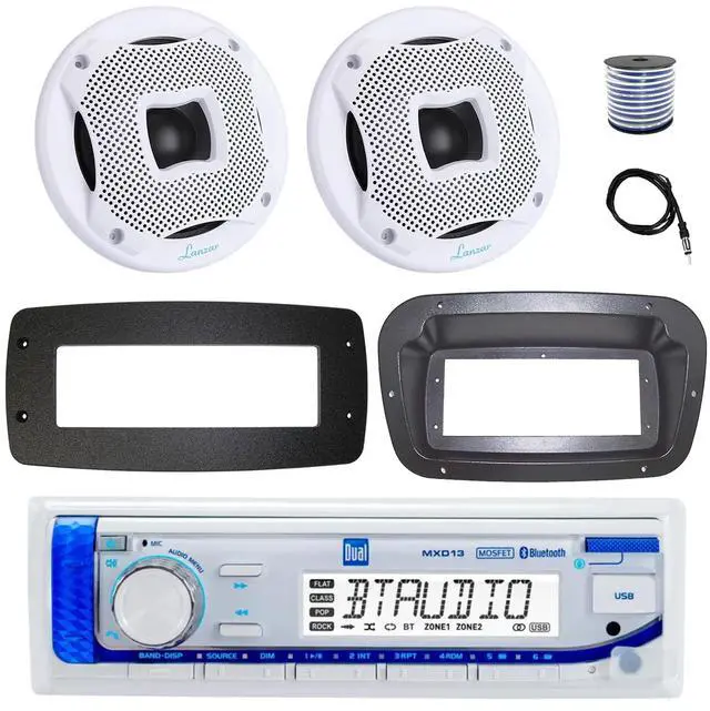 Main image of Dual MXD13 Single DIN Bluetooth Marine MP3 AM/FM Stereo Receiver, Spa bezel, Adapter Plate, 22" Radio Antenna, Wire, 2x 6.5" 400W Max 2-Way Water Resistant Audio Speakers (White)