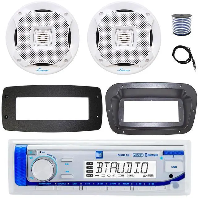 Main image of Dual MXD13 Single DIN Bluetooth Marine MP3 AM/FM Stereo Receiver, Spa bezel, Adapter Plate, 22" Radio Antenna, Wire, 2x 6.5" 450 Watt Peak 2-Way Water Resistant Boat Audio Speakers (White)