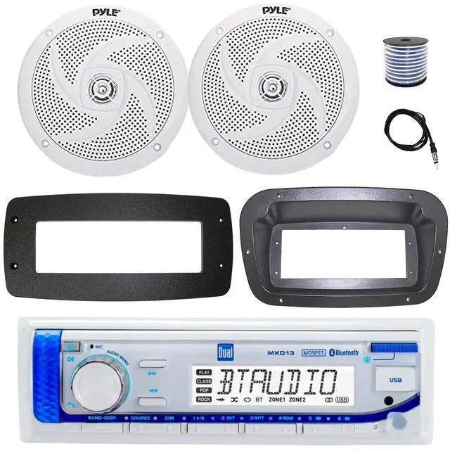 Main image of Dual MXD13 Single DIN Bluetooth Marine MP3 AM/FM Stereo Receiver, Spa bezel, Adapter Plate, 22" Radio Antenna, Wire, 2x 8'' 320 Watt Max 2-Way Blue Flashing LED Boat Audio Speakers (White)