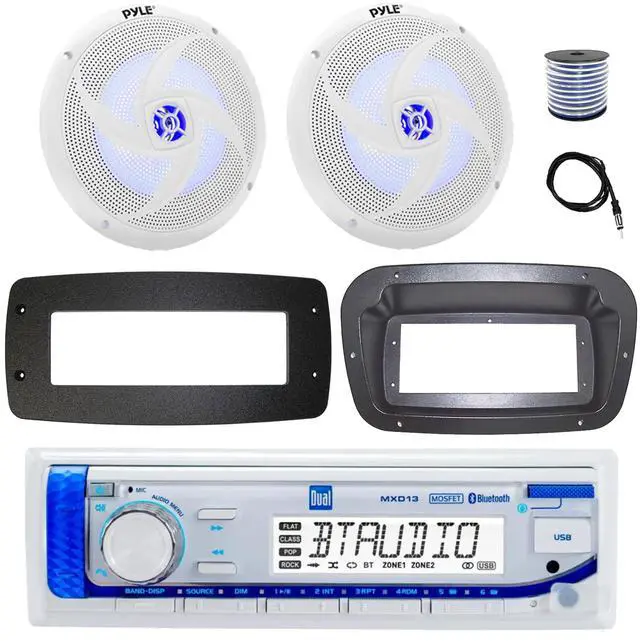 Main image of Dual MXD13 Single DIN Bluetooth Marine MP3 AM/FM Stereo Receiver, Spa bezel, Adapter Plate, 22" Radio Antenna, Wire, 2x 8'' 320 Watt Max 2-Way Boat Audio Speakers (White)