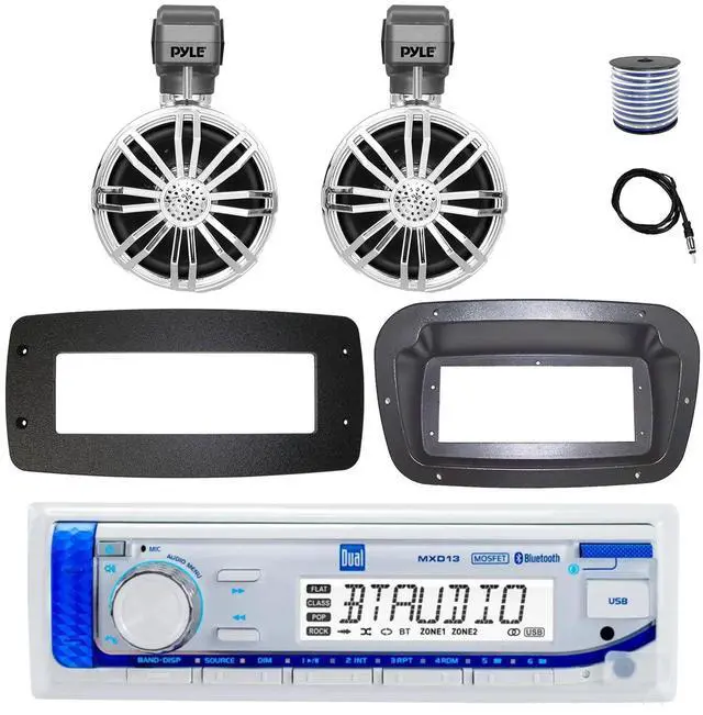 Main image of Dual MXD13 Single DIN Bluetooth Marine MP3 AM/FM Stereo Receiver, Spa bezel, Adapter Plate, 22" Radio Antenna, Wire, 2x 2.25" 10W Max Full Range Waterproof Off-Road Audio Speakers (White)