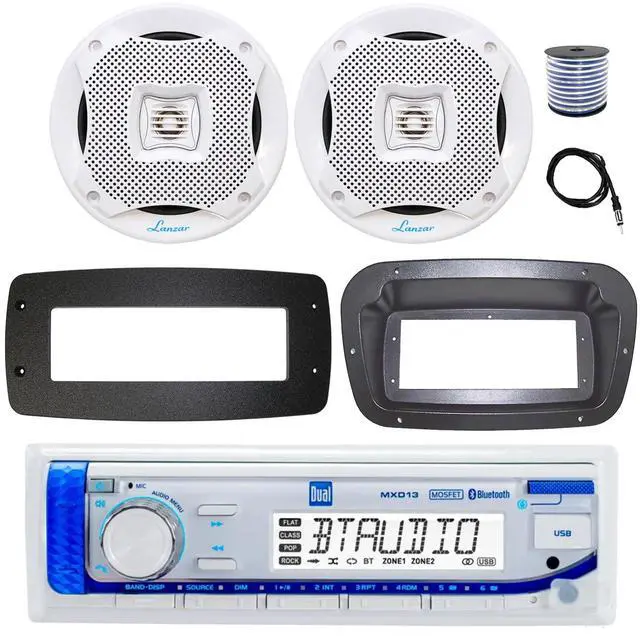 Main image of Dual MXD13 Single DIN Bluetooth Marine MP3 AM/FM Stereo Receiver, Spa bezel, Adapter Plate, 22" Radio Antenna, Wire, 2x 4" 30 Watt Peak Water-Resistant 3-Way InDoor/OutDoor Audio Speakers (White)