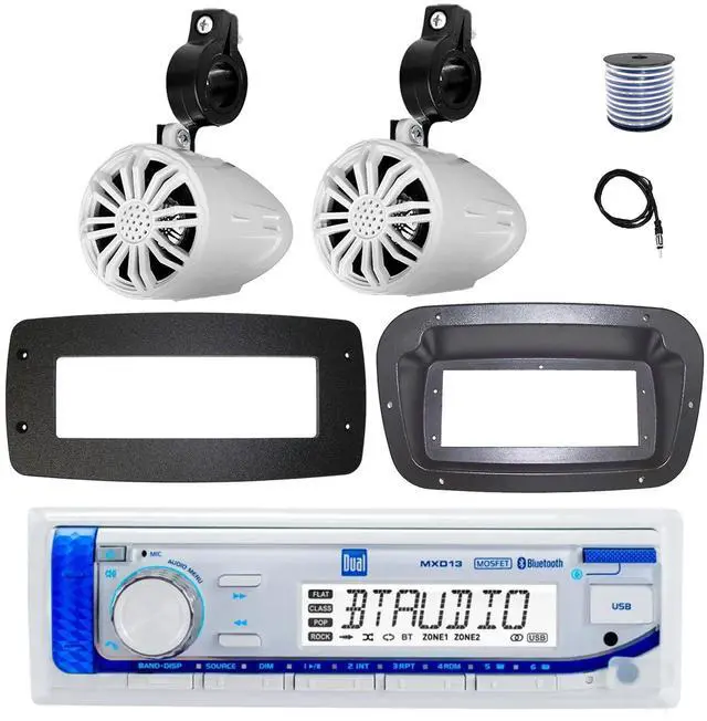 Main image of Dual MXD13 Single DIN Bluetooth Marine MP3 AM/FM Stereo Receiver, Spa bezel, Adapter Plate, 22" Radio Antenna, Wire, 2x 3.5'' 200 Watt Max 3-Way Indoor/Outdoor Wall Mount Speaker (White)
