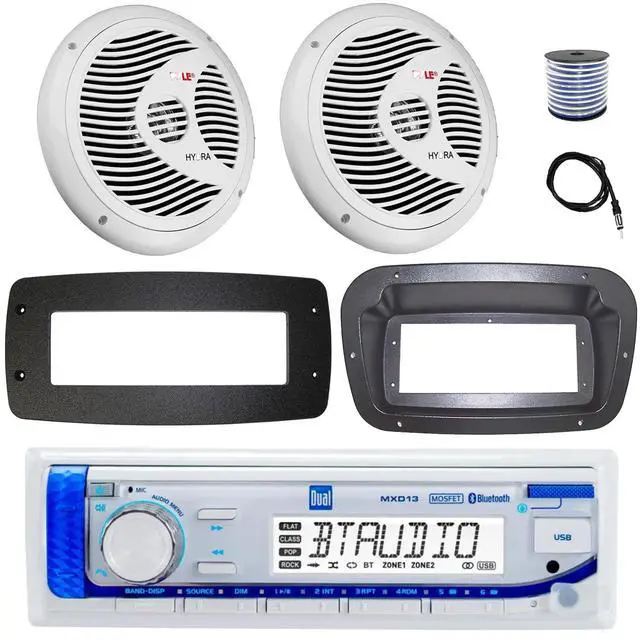 Main image of Dual MXD13 Single DIN Bluetooth Marine MP3 AM/FM Stereo Receiver, Spa bezel, Adapter Plate, 22" Radio Antenna, Wire, 2x 8'' 300W Max Full Range Dual Cone Waterproof Stereo Speakers (White)