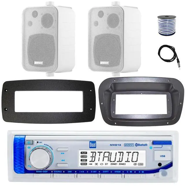 Main image of Dual MXD13 Single DIN Bluetooth Marine MP3 AM/FM Stereo Receiver, Spa bezel, Adapter Plate, 22" Radio Antenna, Wire, 2x 6.5" 180 Watt Max Power 2-Way Water Resistant Audio Speakers (Charcoal)
