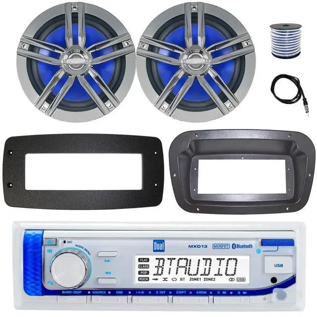 Main image of Dual MXD13 Single DIN Bluetooth Marine MP3 AM/FM Stereo Receiver, Spa bezel, Adapter Plate, 22" Radio Antenna, Wire, 2x 6.5" 180 Watt Peak Power 2-Way Boat Audio Speakers (White)