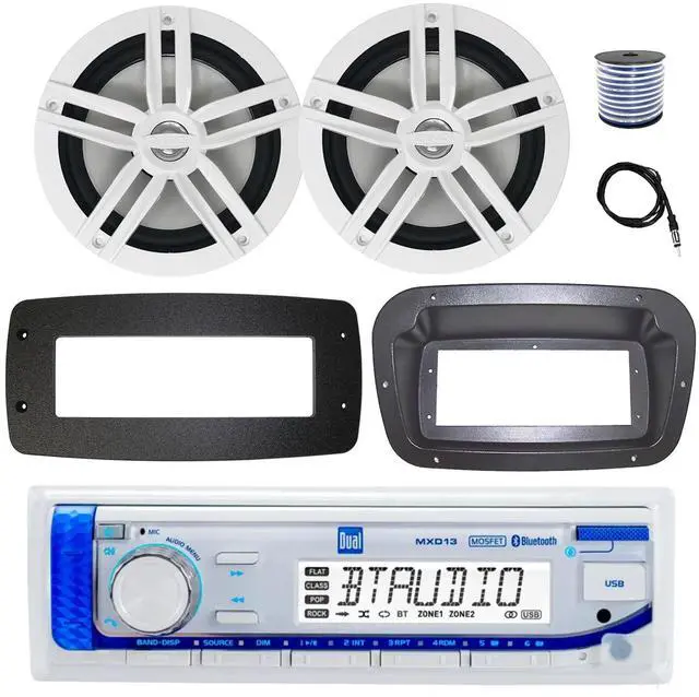 Main image of Dual MXD13 Single DIN Bluetooth Marine MP3 AM/FM Stereo Receiver, Spa bezel, Adapter Plate, 22" Radio Antenna, Wire, 2x 6.5" 180 Watt Max Power 2-Way Water Resistant Audio Speakers (White)
