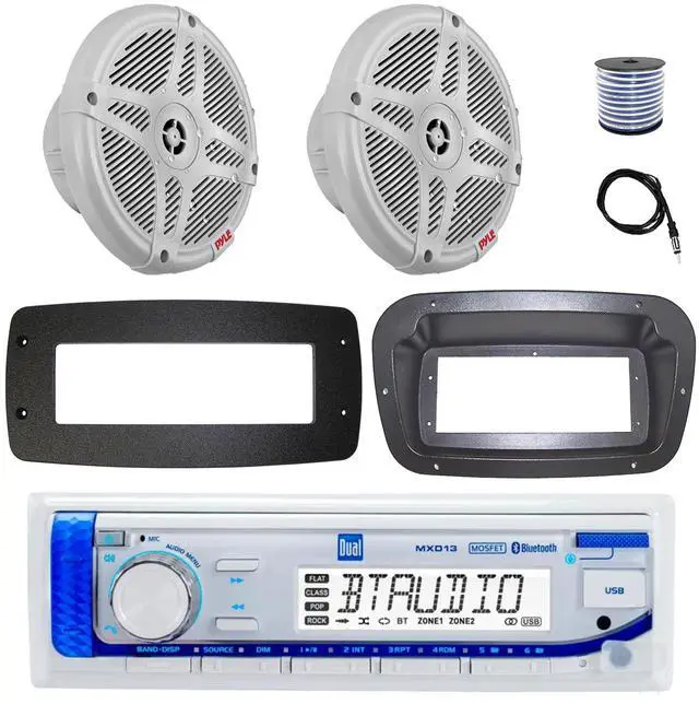 Main image of Dual MXD13 Single DIN Bluetooth Marine MP3 AM/FM Stereo Receiver, Spa bezel, Adapter Plate, 22" Radio Antenna, Wire, 2x 6.5'' 240 Watt Peak Slim Waterproof Multicolor LED Stereo Speakers (Camo)