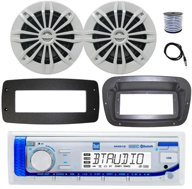 Main image of Dual MXD13 Single DIN Bluetooth Marine MP3 AM/FM Stereo Receiver, Spa bezel, Adapter Plate, 22" Radio Antenna, Wire, 2x 6.5" 90 Watt Peak Power 2-Way Full Range Audio Speakers (White)