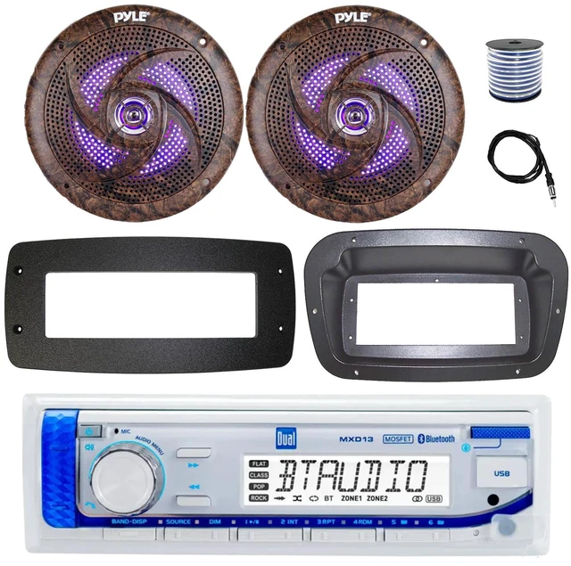 Main image of Dual MXD13 Single DIN Bluetooth Marine MP3 AM/FM Stereo Receiver, Spa bezel, Adapter Plate, 22" Radio Antenna, Wire, 2x 4" 300W Max Bluetooth Waterproof Wakeboard LED Tower Speakers (White)