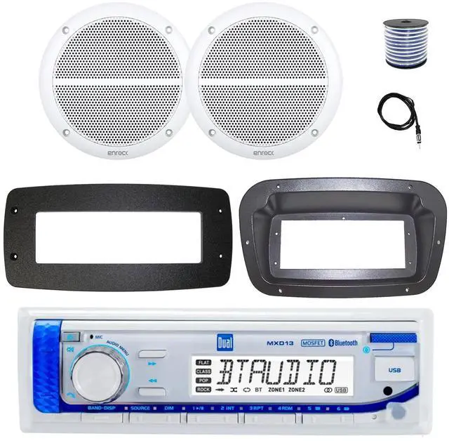 Main image of Dual MXD13 Single DIN Bluetooth Marine MP3 AM/FM Stereo Receiver, Spa bezel, Adapter Plate, 22" Radio Antenna, Wire, 2x 6.5" 180 Watt Peak 2-Way Blue Flashing LED Boat Audio Speakers (White)