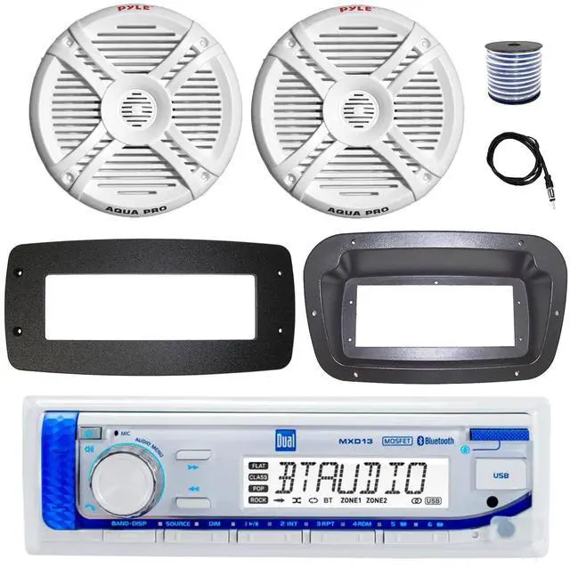 Main image of Dual MXD13 Single DIN Bluetooth Marine MP3 AM/FM Stereo Receiver, Spa bezel, Adapter Plate, 22" Radio Antenna, Wire, 2x 5.25" 20 Watt Max Polycone Audio Speakers (White, Bulk Packaging)