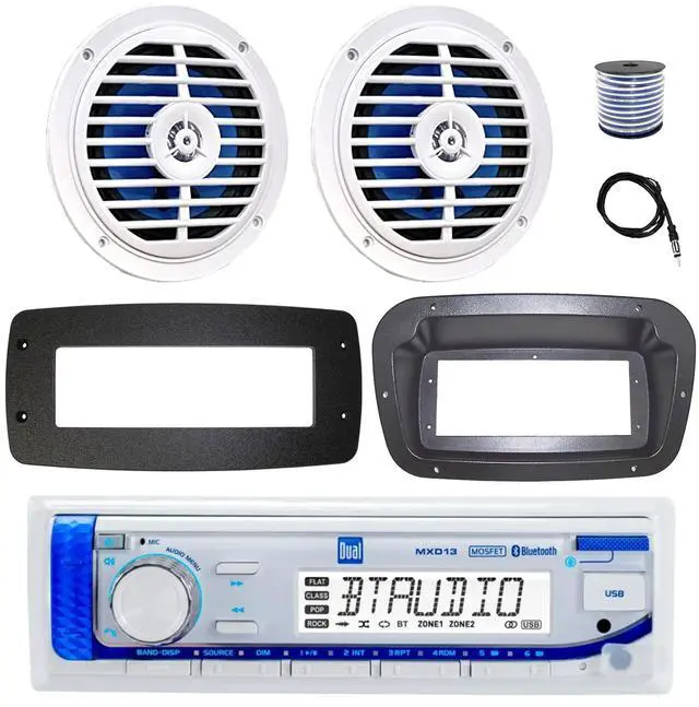 Main image of Dual MXD13 Single DIN Bluetooth Marine MP3 AM/FM Stereo Receiver, Spa bezel, Adapter Plate, 22" Radio Antenna, Wire, 2x 6.5'' 400W Peak 2-Way Full Range Dual Cone Waterproof Stereo Speakers (White)