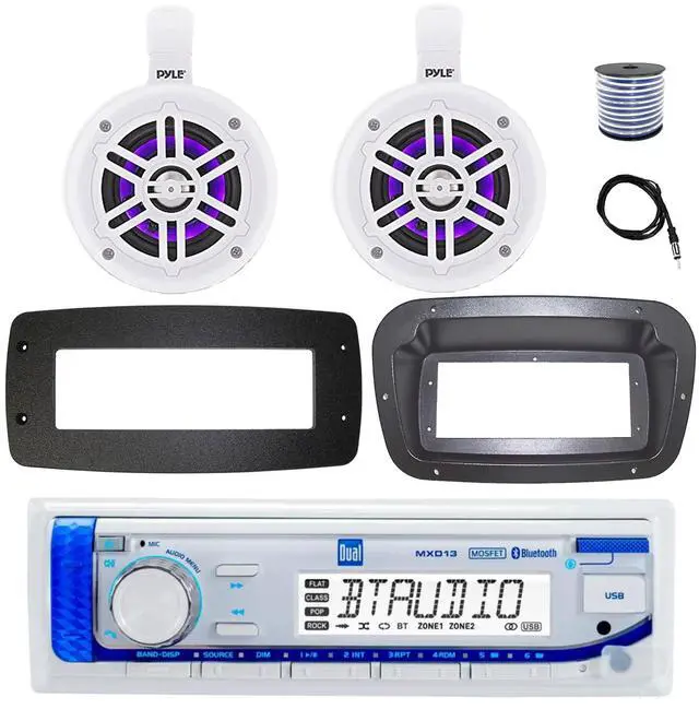 Main image of Dual MXD13 Single DIN Bluetooth Marine MP3 AM/FM Stereo Receiver, Spa bezel, Adapter Plate, 22" Radio Antenna, Wire, 2x 4" 100 Watt Max 2-Way Blue Flashing LED Boat Audio Speakers (White)