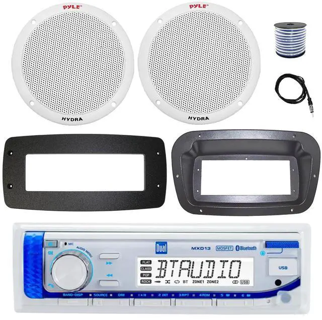 Main image of Dual MXD13 Single DIN Bluetooth Marine MP3 AM/FM Stereo Receiver, Spa bezel, Adapter Plate, 22" Radio Antenna, Wire, 2x 6.5" 150 Watt Max Full Range Dual Cone Waterproof Stereo Speakers (Camo)