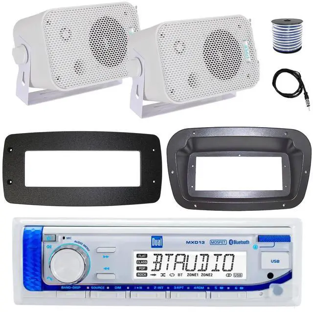 Main image of Dual MXD13 Single DIN Bluetooth Marine MP3 AM/FM Stereo Receiver, Spa bezel, Adapter Plate, 22" Radio Antenna, Wire, 2x 5.25" 400W Max Indoor/Outdoor Waterproof Audio Speakers (White)