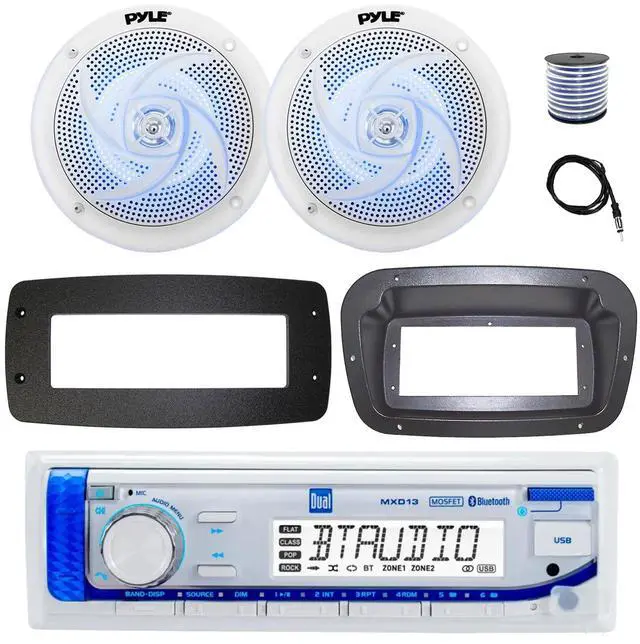 Main image of Dual MXD13 Single DIN Bluetooth Marine MP3 AM/FM Stereo Receiver, Spa bezel, Adapter Plate, 22" Radio Antenna, Wire, 2x 5.25" 180 Watt Max 2-Way Blue Flashing LED Boat Audio Speakers (White)