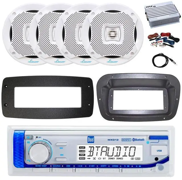 Alt view image 2 of 7 - Dual MXD13 Single DIN Bluetooth Marine MP3 AM/FM Stereo Receiver, Spa bezel, Adapter Plate, 22" Radio Antenna, Wire, 4x 6.5" 450 Watt Peak 2-Way Water Resistant Boat Audio Speakers (White)