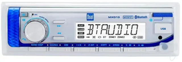 Alt view image 2 of 7 - Dual MXD13 Single DIN Bluetooth Marine MP3 AM/FM Stereo Receiver, Spa bezel, Adapter Plate, 22" Radio Antenna, Wire, 2x 6'' 240 Watt Max Power 2-Way Blue Flashing LED Audio Speakers (White)