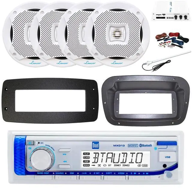 Alt view image 2 of 7 - Dual MXD13 Single DIN Bluetooth Marine MP3 AM/FM Stereo Receiver, Spa bezel, Adapter Plate, 22" Radio Antenna, Wire, 4x 4" 30 Watt Peak Water-Resistant 3-Way InDoor/OutDoor Audio Speakers (White)