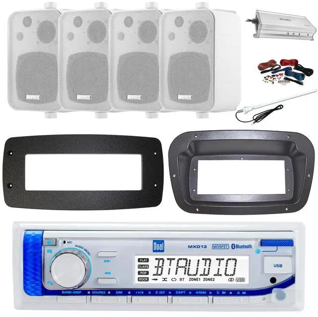 Main image of Dual MXD13 Single DIN Bluetooth Marine MP3 AM/FM Stereo Receiver, Spa bezel, Adapter Plate, 22" Radio Antenna, Wire, 4x 6.5" 180 Watt Max Power 2-Way Water Resistant Audio Speakers (Charcoal)