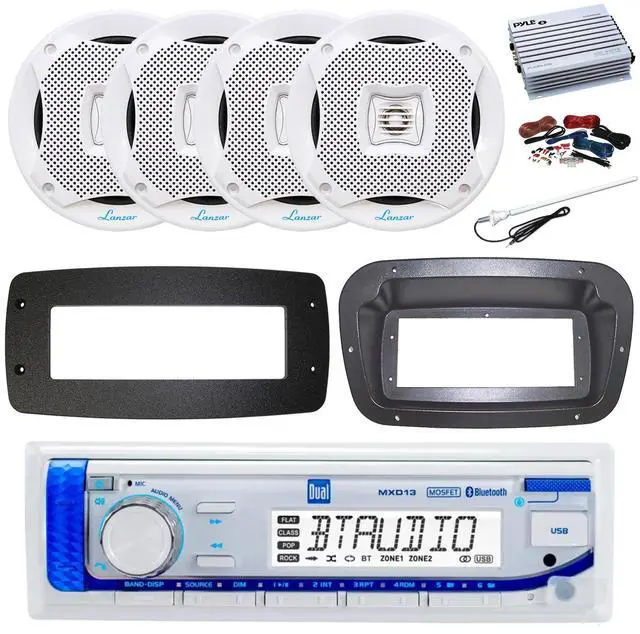 Main image of Dual MXD13 Single DIN Bluetooth Marine MP3 AM/FM Stereo Receiver, Spa bezel, Adapter Plate, 22" Radio Antenna, Wire, 4x 5.25" 400W Max Indoor/Outdoor Waterproof Audio Speakers (White)