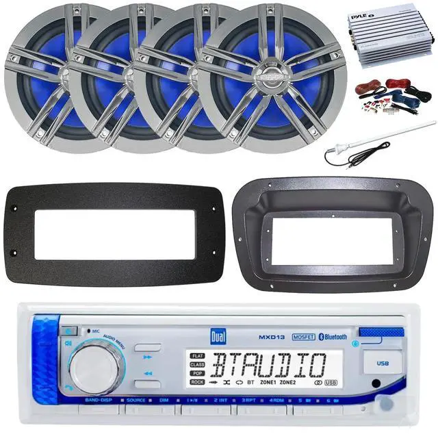 Main image of Dual MXD13 Single DIN Bluetooth Marine MP3 AM/FM Stereo Receiver, Spa bezel, Adapter Plate, 22" Radio Antenna, Wire, 4x 6.5" 180 Watt Peak Power 2-Way Boat Audio Speakers (White)