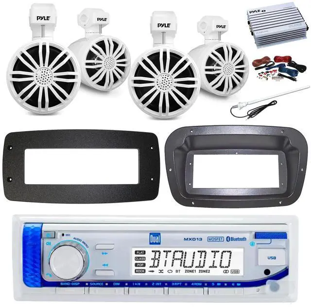 Main image of Dual MXD13 Single DIN Bluetooth Marine MP3 AM/FM Stereo Receiver, Spa bezel, Adapter Plate, 22" Radio Antenna, Wire, 4x 4'' 100 Watt Peak Full Range Dual Cone Waterproof Stereo Speakers (White)