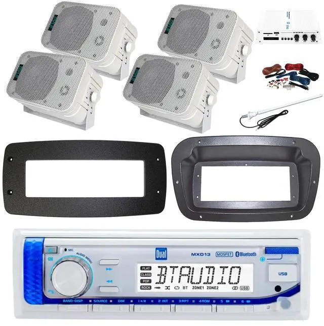 Main image of Dual MXD13 Single DIN Bluetooth Marine MP3 AM/FM Stereo Receiver, Spa bezel, Adapter Plate, Radio Antenna, Wire, 4x 5.25" 600 Watt Max Power Bluetooth Indoor/Outdoor Waterproof Audio Speakers (White)