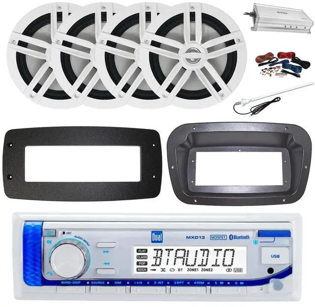 Main image of Dual MXD13 Single DIN Bluetooth Marine MP3 AM/FM Stereo Receiver, Spa bezel, Adapter Plate, 22" Radio Antenna, Wire, 4x 6.5" 180 Watt Max Power 2-Way Water Resistant Audio Speakers (White)