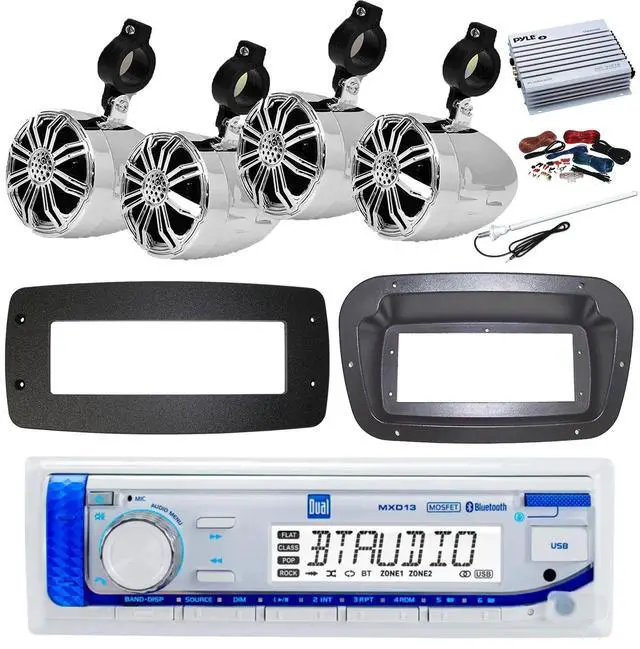 Main image of Dual MXD13 Single DIN Bluetooth Marine MP3 AM/FM Stereo Receiver, Spa bezel, Adapter Plate, 22" Radio Antenna, Wire, 4x 2.25" 10W Max Full Range Waterproof Off-Road Audio Speakers (White)