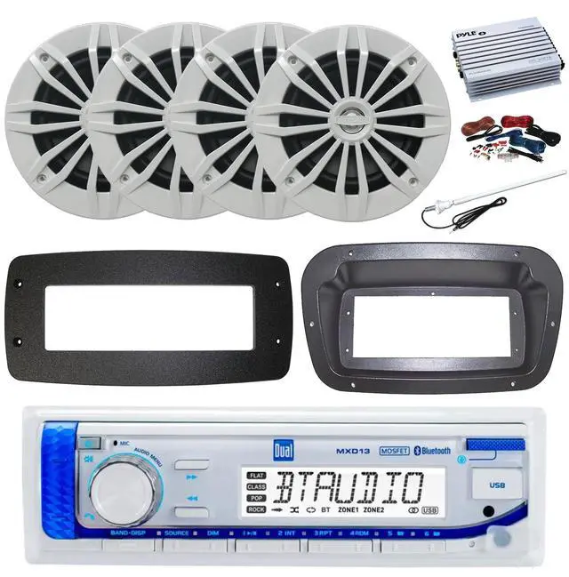 Main image of Dual MXD13 Single DIN Bluetooth Marine MP3 AM/FM Stereo Receiver, Spa bezel, Adapter Plate, 22" Radio Antenna, Wire, 4x 6.5" 90 Watt Peak Power 2-Way Full Range Audio Speakers (White)