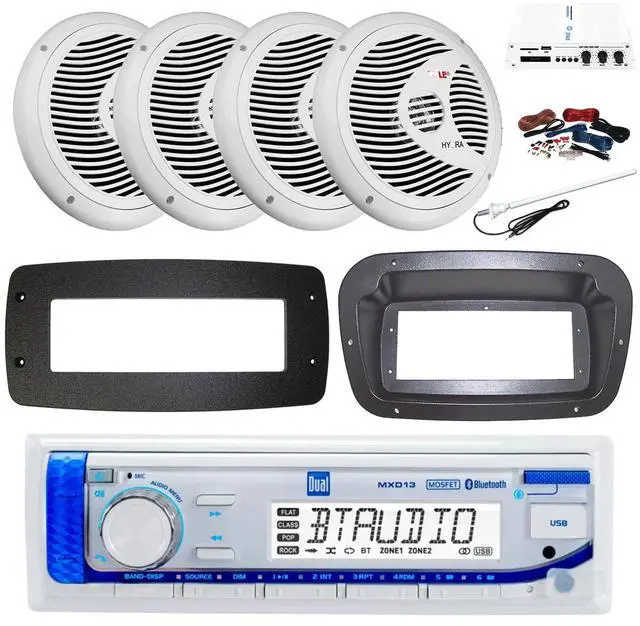 Main image of Dual MXD13 Single DIN Bluetooth Marine MP3 AM/FM Stereo Receiver, Spa bezel, Adapter Plate, 22" Radio Antenna, Wire, 4x 8'' 300W Max Full Range Dual Cone Waterproof Stereo Speakers (White)