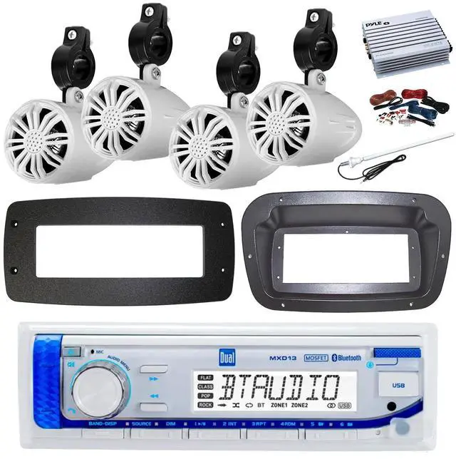 Main image of Dual MXD13 Single DIN Bluetooth Marine MP3 AM/FM Stereo Receiver, Spa bezel, Adapter Plate, 22" Radio Antenna, Wire, 4x 3.5'' 200 Watt Max 3-Way Indoor/Outdoor Wall Mount Speaker (White)