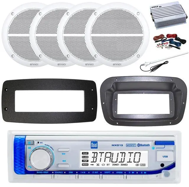 Main image of Dual MXD13 Single DIN Bluetooth Marine MP3 AM/FM Stereo Receiver, Spa bezel, Adapter Plate, 22" Radio Antenna, Wire, 4x 6.5" 180 Watt Peak 2-Way Blue Flashing LED Boat Audio Speakers (White)