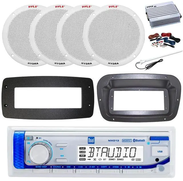 Main image of Dual MXD13 Single DIN Bluetooth Marine MP3 AM/FM Stereo Receiver, Spa bezel, Adapter Plate, 22" Radio Antenna, Wire, 4x 6.5" 150 Watt Max Full Range Dual Cone Waterproof Stereo Speakers (Camo)