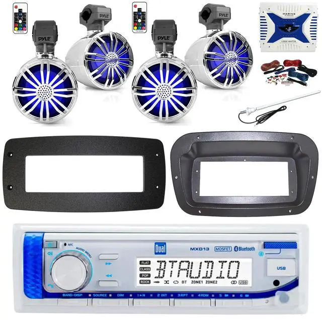 Main image of Dual MXD13 Single DIN Bluetooth Marine MP3 AM/FM Stereo Receiver, Spa bezel, Adapter Plate, Radio Antenna, Wire, 4x 6.5" 600 Watt Max 2-Way Full Range Waterproof Wireless RF Streaming Speakers (White)