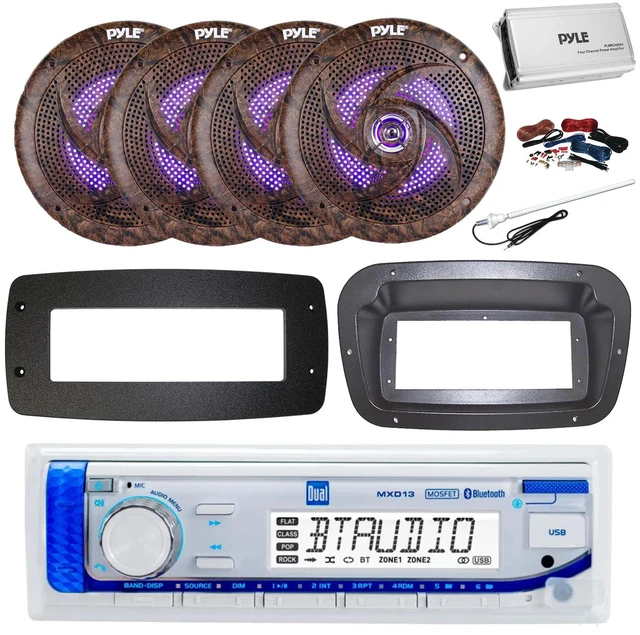 Main image of Dual MXD13 Single DIN Bluetooth Marine MP3 AM/FM Stereo Receiver, Spa bezel, Adapter Plate, 22" Radio Antenna, Wire, 4x 4" 300W Max Bluetooth Waterproof Wakeboard LED Tower Speakers (White)