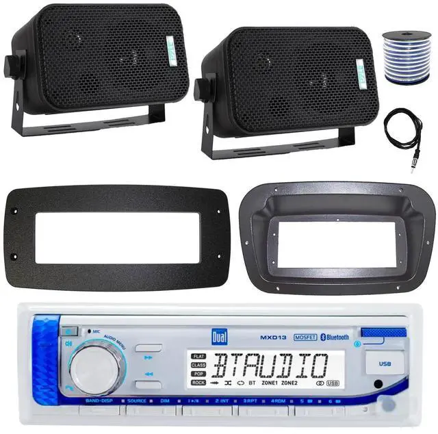 Main image of Dual MXD13 Single DIN Bluetooth Marine MP3 AM/FM Stereo Receiver, Spa bezel, Adapter Plate, 22" Radio Antenna, Wire, 2x 5.25" 400W Max Indoor/Outdoor Waterproof Audio Speakers (Black)