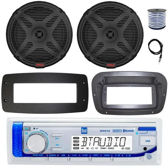Main image of Dual MXD13 Single DIN Bluetooth Marine MP3 AM/FM Stereo Receiver, Spa bezel, Adapter Plate, 22" Radio Antenna, Wire, 2x 6.5" 120 Watt Peak Full Range Dual Cone Waterproof Stereo Speakers (Black)