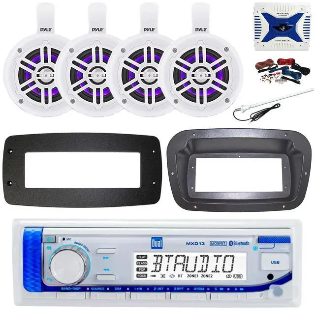 Main image of Dual MXD13 Single DIN Bluetooth Marine MP3 AM/FM Stereo Receiver, Spa bezel, Adapter Plate, 22" Radio Antenna, Wire, 4x 4" 100 Watt Max 2-Way Blue Flashing LED Boat Audio Speakers (White)