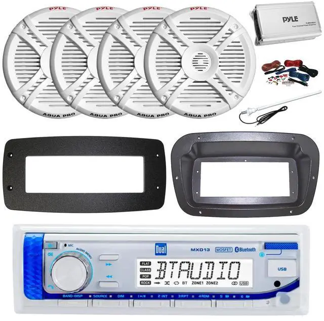 Main image of Dual MXD13 Single DIN Bluetooth Marine MP3 AM/FM Stereo Receiver, Spa bezel, Adapter Plate, 22" Radio Antenna, Wire, 4x 5.25" 20 Watt Max Polycone Audio Speakers (White, Bulk Packaging)