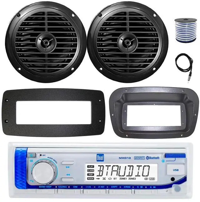 Main image of Dual MXD13 Single DIN Bluetooth Marine MP3 AM/FM Stereo Receiver, Spa bezel, Adapter Plate, 22" Radio Antenna, Wire, 2x 6.5'' 150 Watt Max Dual Cone Multicolor LED Audio Speakers (Black) w/Remote