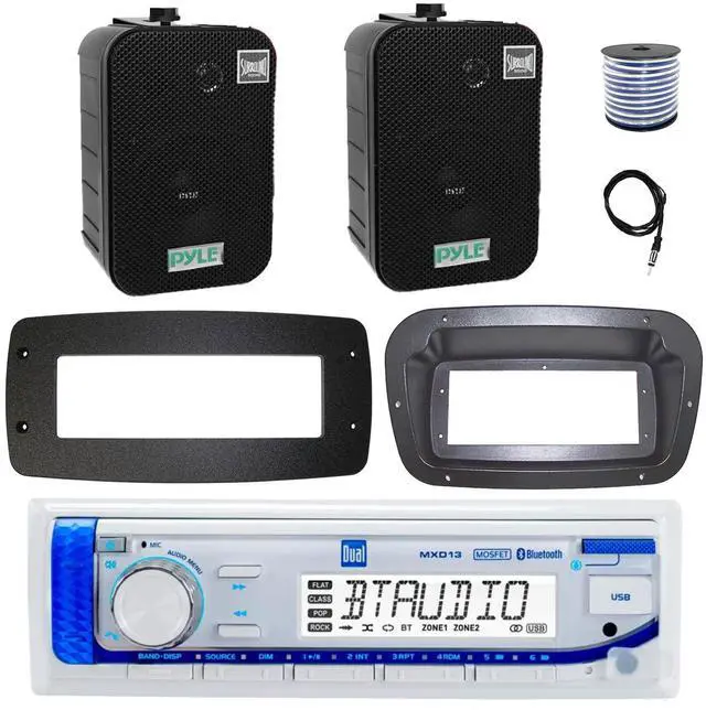 Main image of Dual MXD13 Single DIN Bluetooth Marine MP3 AM/FM Stereo Receiver, Spa bezel, Adapter Plate, 22" Radio Antenna, Wire, 2x 3.5'' 200 Watt Max 3-Way Indoor/Outdoor Wall Mount Speaker (Black)