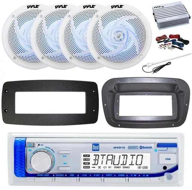Main image of Dual MXD13 Single DIN Bluetooth Marine MP3 AM/FM Stereo Receiver, Spa bezel, Adapter Plate, 22" Radio Antenna, Wire, 4x 5.25" 180 Watt Max 2-Way Blue Flashing LED Boat Audio Speakers (White)