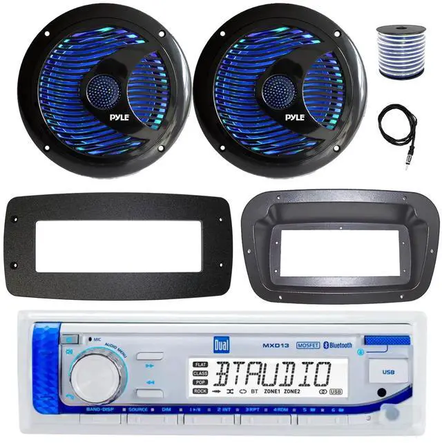 Main image of Dual MXD13 Single DIN Bluetooth Marine MP3 AM/FM Stereo Receiver, Spa bezel, Adapter Plate, 22" Radio Antenna, Wire, 2x 8'' 180 Watt Max Full Range Dual Cone Waterproof Stereo Speakers (Black)