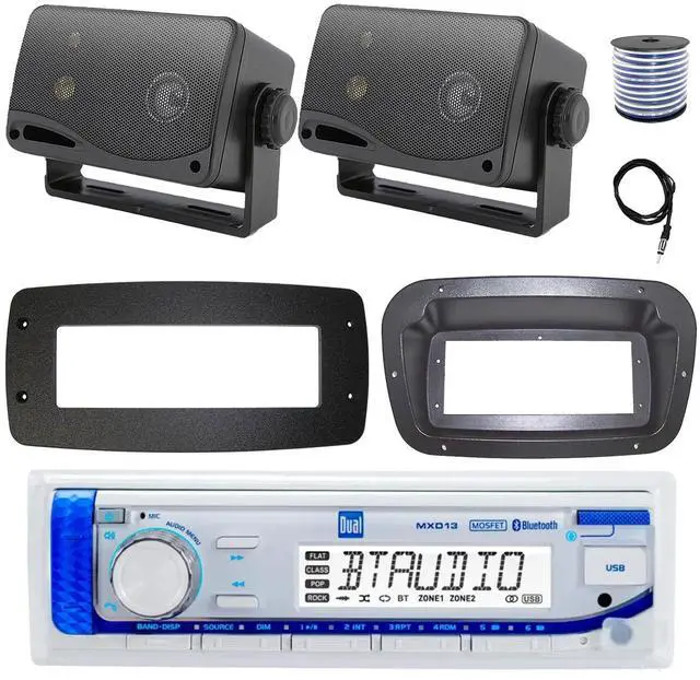 Main image of Dual MXD13 Single DIN Bluetooth Marine MP3 AM/FM Stereo Receiver, Spa bezel, Adapter Plate, 22" Radio Antenna, Wire, 2x 3.5'' 200 Watt Max 3-Way Indoor/Outdoor Wall Mount Speaker (Silver)