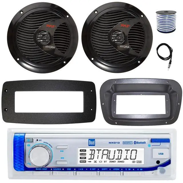 Main image of Dual MXD13 Single DIN Bluetooth Marine MP3 AM/FM Stereo Receiver, Spa bezel, Adapter Plate, 22" Radio Antenna, Wire, 2x 6.5" 200 Watt Peak Water Resistant Full Range Wakeboard Audio Speakers (Black)