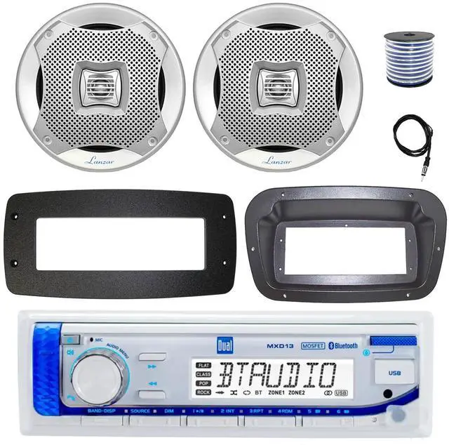 Main image of Dual MXD13 Single DIN Bluetooth Marine MP3 AM/FM Stereo Receiver, Spa bezel, Adapter Plate, 22" Radio Antenna, Wire, 2x 6.5" 450 Watt Peak 2-Way Water Resistant Boat Audio Speakers (Black)